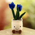 Adorable blue plush tulip flower in a cream pot with a happy smiley face for decor - 35cm / Blue