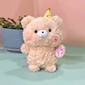 Detailed view of a cute 8-inch cream plush bear wearing a festive yellow party hat - Pink Bear / 23cm