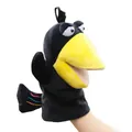 Detail view of a black crow plush hand puppet with a movable yellow beak for storytelling - Black Crow Hand Puppet / 25cm