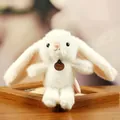 Front close-up of a cute white plush bunny with long ears and a fashion tag. - Rabbit