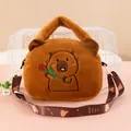 Close-up of a cute brown capybara plush handbag featuring detailed rose embroidery - Capybara with Flower