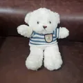 Soft white plush teddy bear wearing a cozy blue and white striped knitted sweater detail - Blue Sweater White Bear / 27cm