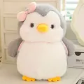 Close-up detail of a soft grey and white penguin plush toy featuring a cute pink bow - 22cm (Without Blush) / Pink Penguin Sister