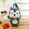 Detailed view of cute grey and white wolf plush toy on wooden table - Husky / 18cm (With Lanyard)