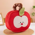 Detailed view of a cute red apple-shaped makeup bag with a soft plush embroidered handle - Red Apple Expression Style / 20cm