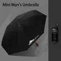 Mini portable black UV protection umbrella for men with mountain pattern case - Enlarged Black (Hidden Handle) / 19cm Storage Length