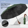 Large dark green 20-bone automatic umbrella featuring an elegant wooden curved handle - Oversized 125cm 20 Ribs / Dark Night Green (20-Rib Double Fiberglass 125cm)
