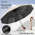 Fully automatic sycamore beige sun and rain umbrella with a premium solid wood curved handle - Sycamore Beige (Triple Fiberglass 105cm)