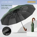 Professional dark green automatic umbrella featuring a classic solid wood curved handle - Dark Night Green (Triple Fiberglass 105cm)