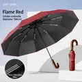 Premium flame red 20-rib automatic umbrella with an elegant solid wood curved handle - Flame Red (Triple Fiberglass 105cm)