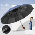 Premium fog blue 20-rib automatic windproof umbrella with solid wood curved handle - Haze Blue (Triple Fiberglass 105cm)