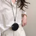 Bolsa de cuello redonda de cuero negro para guardar auriculares y llaves con cordón - Bolsa Redonda Negra