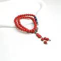 Traditionelles zweischleifiges rotes Zinnober-Perlenarmband mit Glücksbringer - Fisch-Anhänger (5665728761866) / Rot
