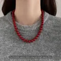 Handgefertigte 10-mm-Ancora-rote Perlenhalskette für Damen, 45 cm lang, auf grauem Strick - 10mm / 45cm / Ancorra Rot