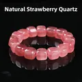 Pulsera de cuentas de cubo de cuarzo fresa rosa natural para mujer - Estilo terrón de azúcar / 9-10mm / Cuarzo Fresa Natural