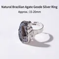 Natuurlijke blauwe agaat geode open ring met een unieke ruwe steen en zilveren afwerking - Natuurlijke Braziliaanse Agaat Geode (Zilver)