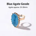 Natuurlijke blauwe agaat geode open ring met vergulde rand, stenen vingerring - Blauwe Agaat Geode