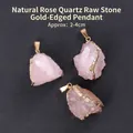Pendentif en quartz rose naturel avec une bordure dorée élégante et plaquée - Pendentif en Quartz Rose Naturel Bordé d'Or / Rose Clair