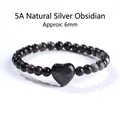 Elegante natuurlijke zilveren obsidiaan armband met hartvormige kraal, 6 mm kralen. - Zilveren Obsidiaan