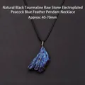 Pendentif en plume de tourmaline noire brute bleu paon avec un cordon de cire noire - Tourmaline Noire Naturelle Électroplaquée Plume Bleu Paon