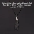 Collier avec pendentif en tourmaline noire naturelle brute sur cordon en cire noire - Tourmaline Noire Naturelle Pierre Brute Queue de Phénix Argent