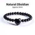 Elegant natuurlijk zwart obsidiaan kralenarmband met hartvormig midden en 6mm kralen - Obsidiaan
