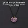 Collier avec pendentif en forme de cœur en druse d'améthyste naturelle et cordon noir - Géode d'Améthyste Agate Naturelle Forme de Cœur
