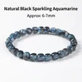 Natürliches schwarzes Aquamarin-Zuckerbohnen-Armband mit eisblauen Lichtperlen - Natürlicher Schwarzer Aquamarin Trommelperlen Stil / 6-7MM