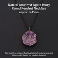 Collier avec pendentif rond en géode d'améthyste naturelle et cordon de cire noir réglable - Géode d'Améthyste Agate Naturelle Forme Ronde