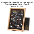 100 natürliche Mineralienproben-Sammlung im Holzrahmen mit englischen Etiketten - Englisch Schwarzer Hintergrund / 100 Mineralien Set / Naturholzfarbe