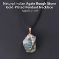 Pendentif en agate indienne naturelle avec bordure dorée sur cordon en coton ciré - Agate d'Inde Pierre Brute à Bord Doré / Vert et Blanc