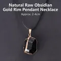 Pendentif en pierre d'obsidienne noire naturelle avec bord doré et cordon ciré noir - Obsidienne Pierre Brute à Bord Doré / Noir