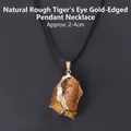 Collier pendentif en pierre d'œil de tigre naturelle avec bordure dorée - Oeil de Tigre Pierre Brute à Bord Doré / Brun Jaunâtre