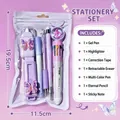 Set di cancelleria a farfalla viola con penna multicolore, gomma e nastro correttore. - Cancelleria Farfalla 7 Articoli / Viola