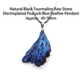 Pendentif en pierre brute de tourmaline noire naturelle avec placage bleu paon 40-70mm - Pendentif Plume en Tourmaline Noire Galvanisée / Bleu sarcelle