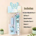 Blue butterfly stationery set with 10-color pen and eraser in 24x10cm bag - 6-Piece Set / Blue