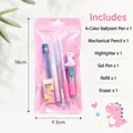 Cute pink dinosaur stationery set including pens, eraser and refills in a pouch - Little Dinosaur 6 Piece Kit / Pink