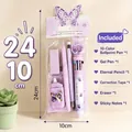 Detailed view of purple butterfly stationery gift set showing included pens and 24x10cm size - 6-Piece Set / Purple