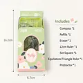 Set de papelería de 7 piezas para estudiantes con compás y reglas en caja verde - Serie Tulipanes Dibujos Animados / Verde