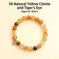 Bracciale da donna in citrino naturale e occhio di tigre da 8mm con ciondolo oro - Citrine & Tiger's Eye Beaded Style