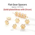 Gold-plated copper gear spacer beads with sparkling cubic zirconia, size 8.5x3mm. - Six Zirconia Flat Spacers / 10 Pieces