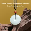 Pendentif Ping An Kou en jade vert Tianshan naturel avec perle rouge et cordon de 74cm - Pendentif en Jade Bouton Ping'an Avec Cordon Noir