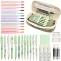 Complete stationery combo set with 12 colorful highlighters, pens, erasers, and a pencil case - Dinosaur Theme Green Series / Green