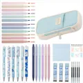 Comprehensive pastel stationery set with highlighters, pens, and a large blue pencil case. - Shark Cartoon Blue Series / Blue