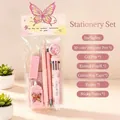 Comprehensive pink butterfly themed stationery set with pens, eraser and sticky notes - 6-Piece Set / Pink