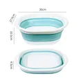 Portable collapsible plastic washbasin in white and teal showing folded and expanded dimensions - M / Blue