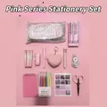 Complete pink stationery set for students including pencil case, pens, and markers - Pink Plaid Series Gift Box / Pink