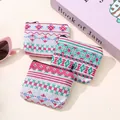 Cute canvas coin purse with colorful ethnic patterns and secure zipper closure for keys - Random Ethnic Color