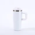 Close-up of a white stainless steel travel mug with a handle and straw on white - 14oz / White