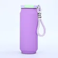 Detail of a purple can-shaped insulated water bottle with a handy carrying strap - 500ml / Purple